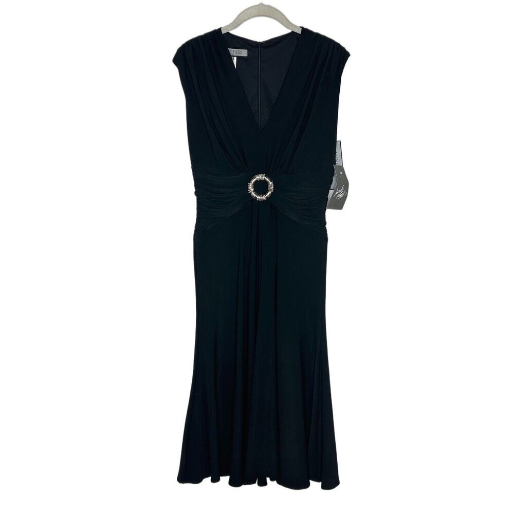 Anne Klein V Neck Sleeveless Ruched Waist Fit Flare Dress Black Womens Sz 6 New
